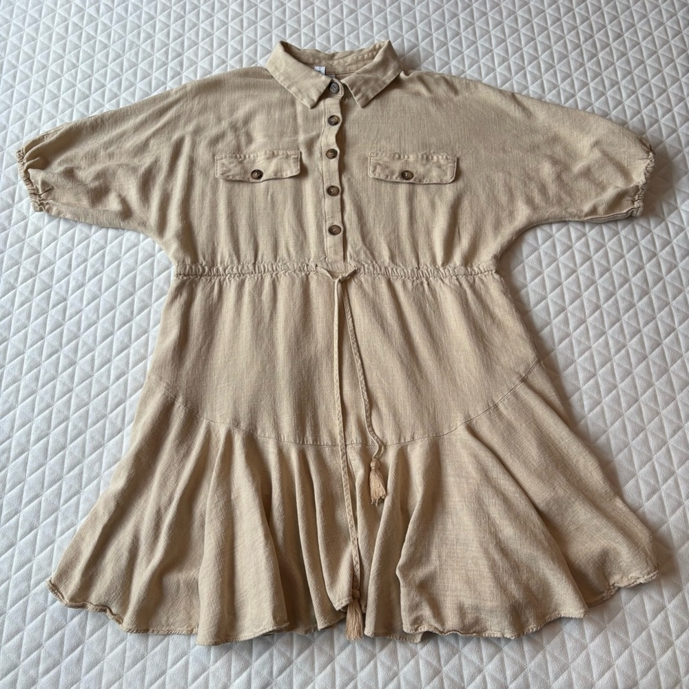 Grace + Karma Womens Linen Blend Shirt Dress XLarge Tan Boho Tassel Casual Flowy